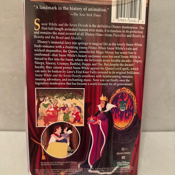 WALT DISNEY'S MASTERPIECE SNOW WHITE AND THE SEVEN DWARFS VHS 1994 PREOWNED - Picture 2 of 3